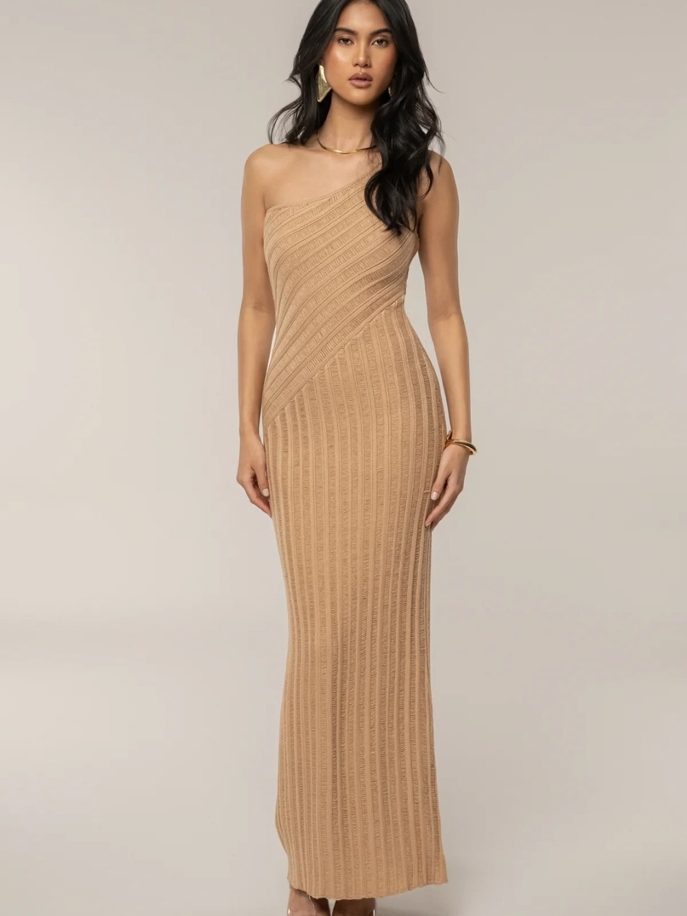 NWOT JLUXLABEL Tan Fringe Knit Maxi Dress (L)